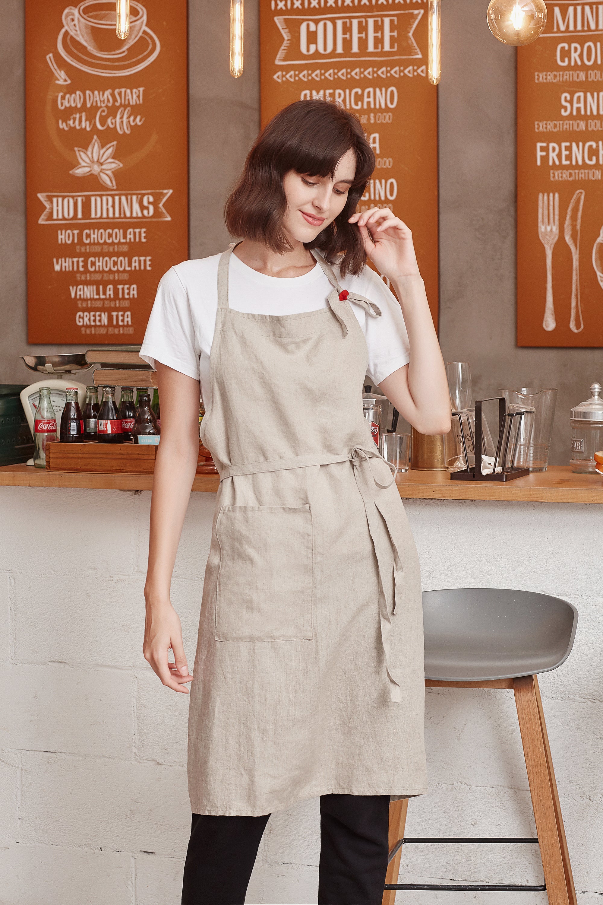 Linen Bib Apron with One-Side Stripe