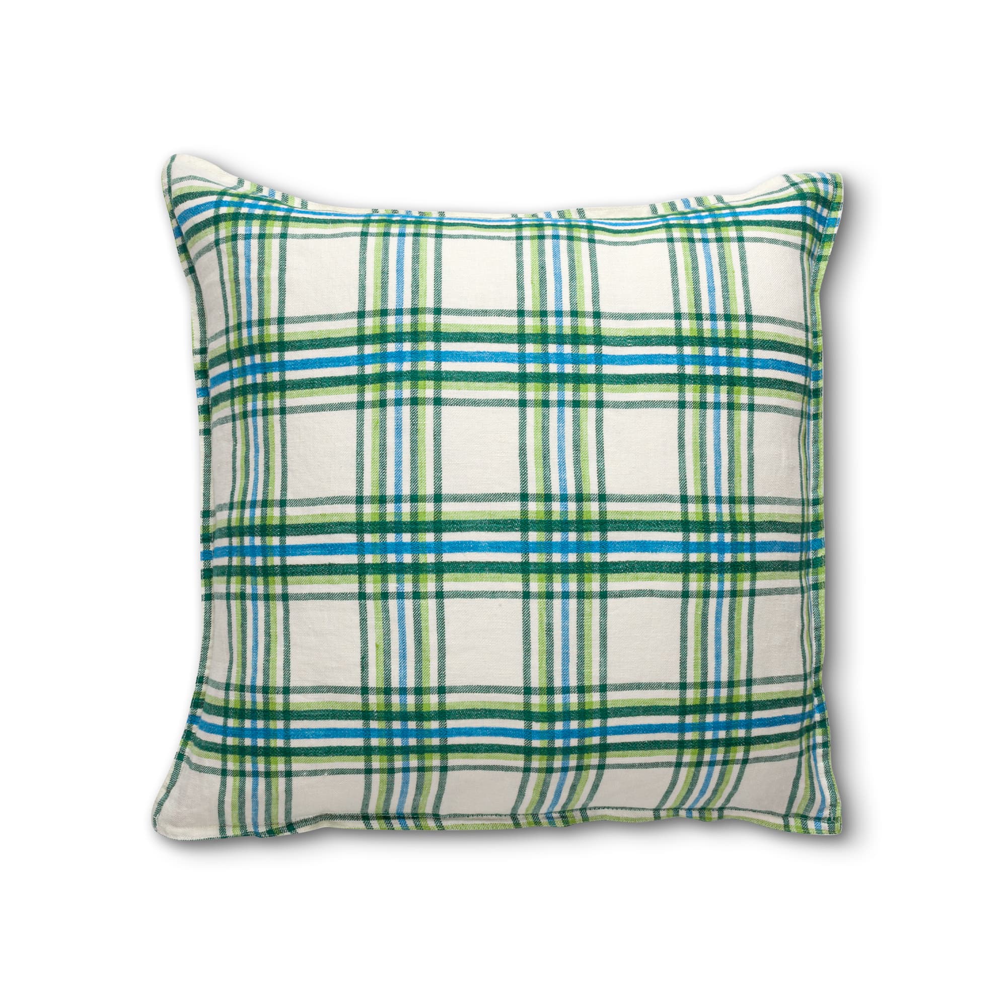 Prewashed Linen Cushion Cover with Green Plaid
