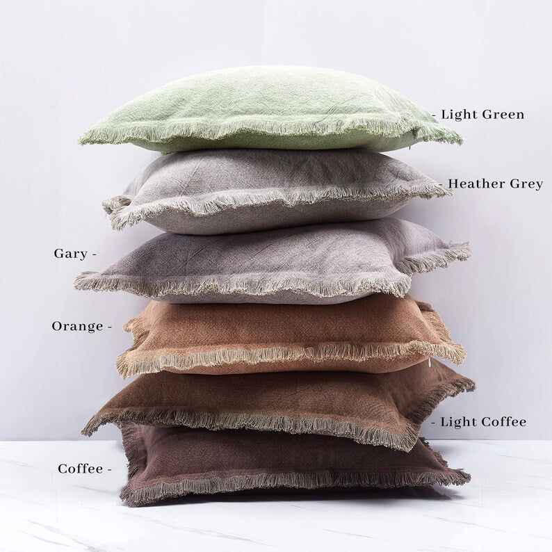 Linen Throw Pillow Cover with Fringes Decorative Pillow Cover