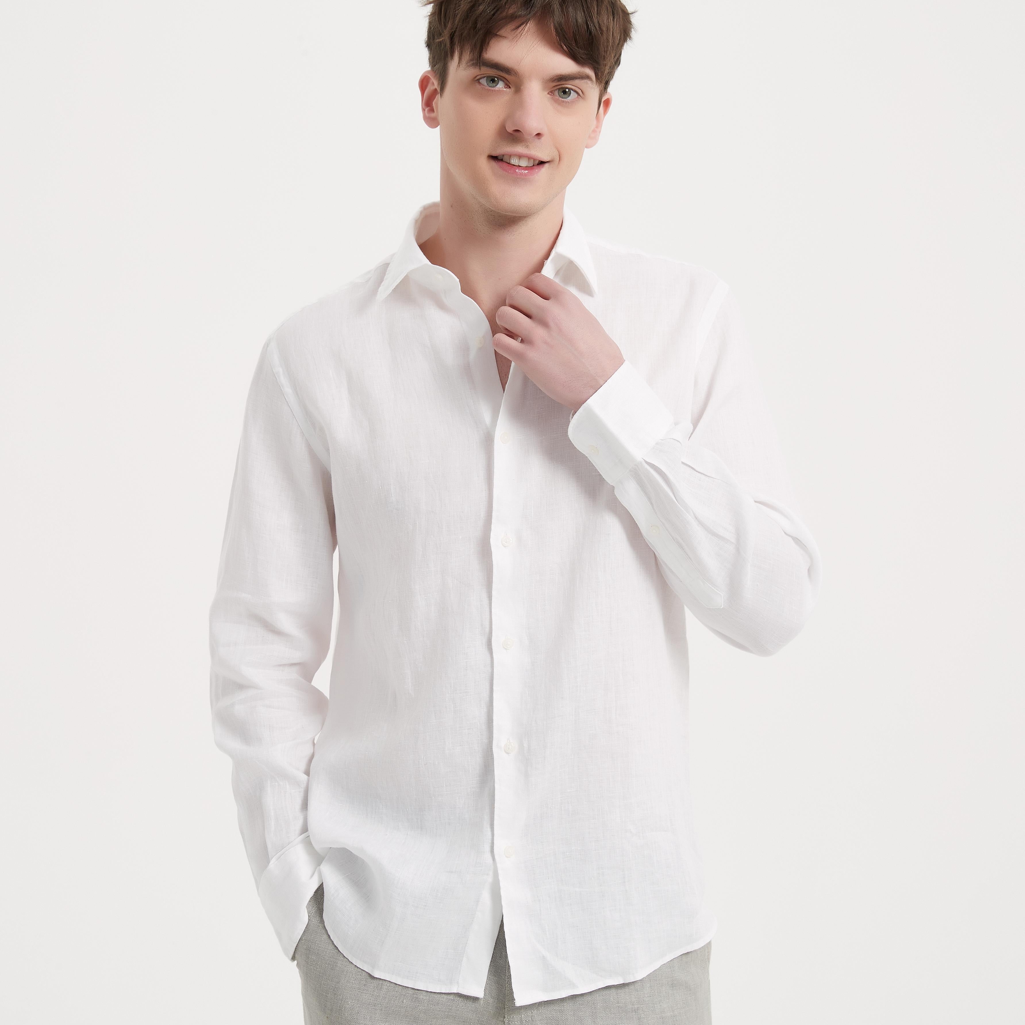 100% Linen Classic Shirt For Men - WHITE / S