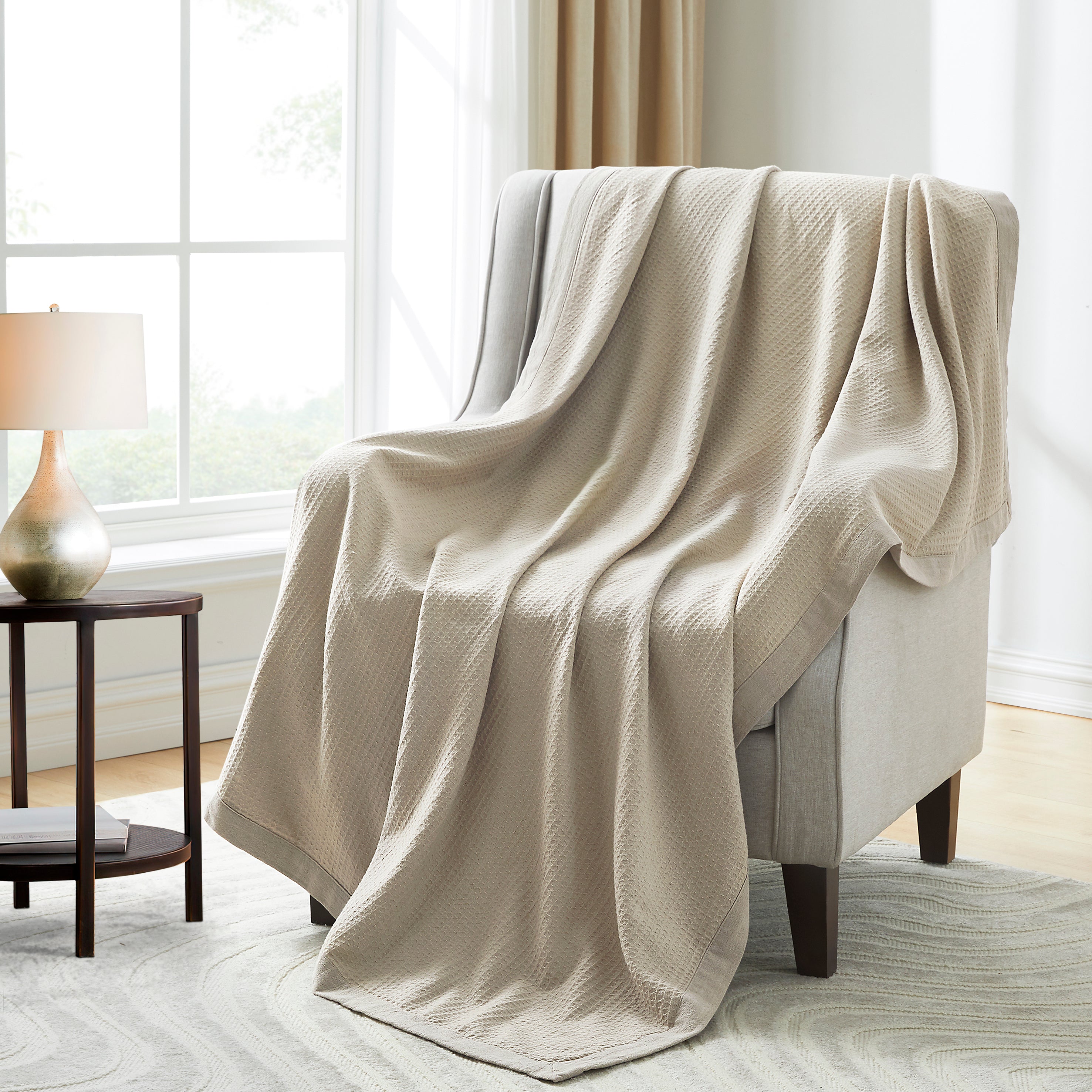 55% Linen 45% Cotton Waffle Throw Blanket 50 X 70 Inches, Natural